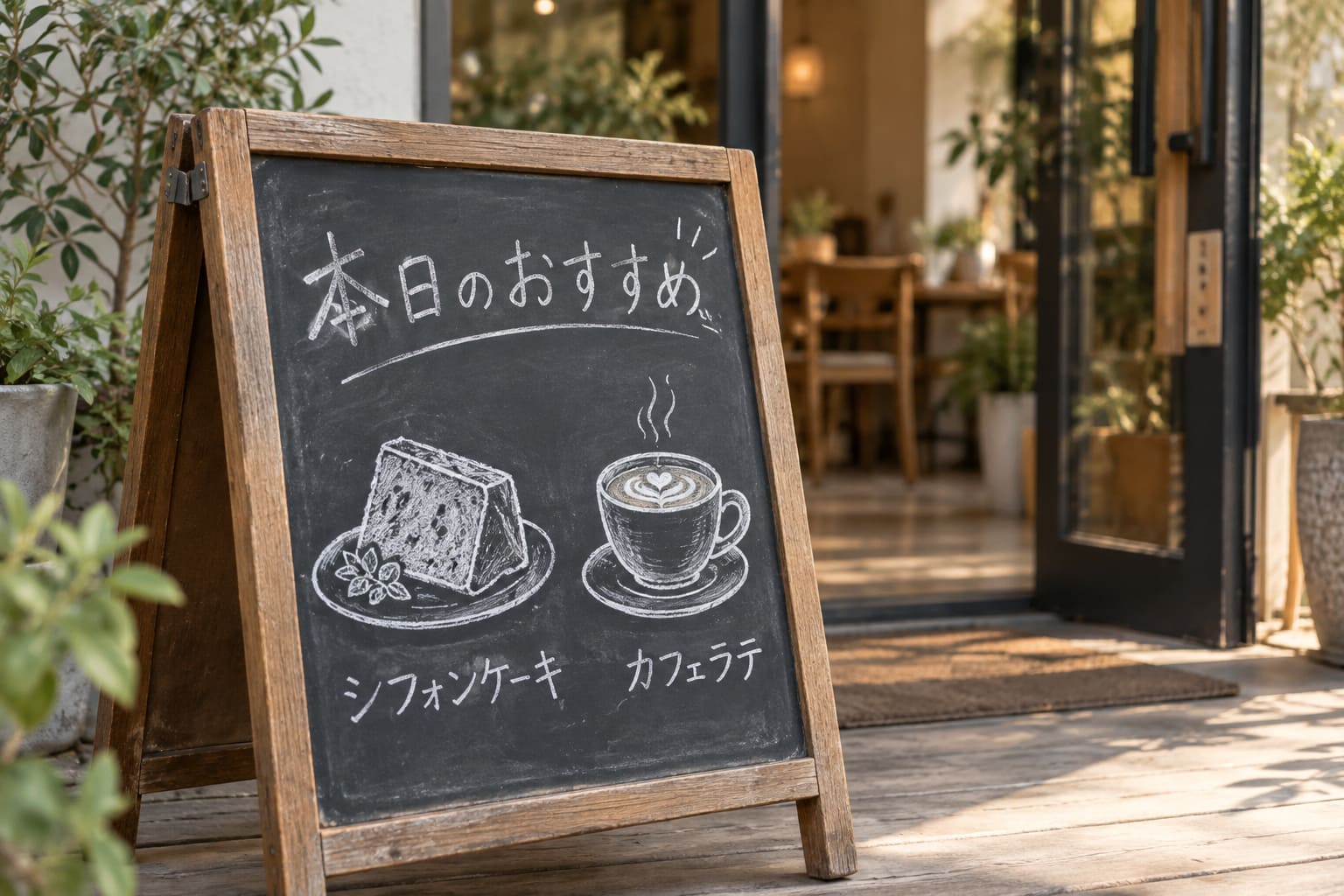 カフェの入口の前に置かれた木の枠のA型の黒板の看板に、白いチョークで「本日のおすすめ」とケーキと珈琲のイラストが描かれている様子