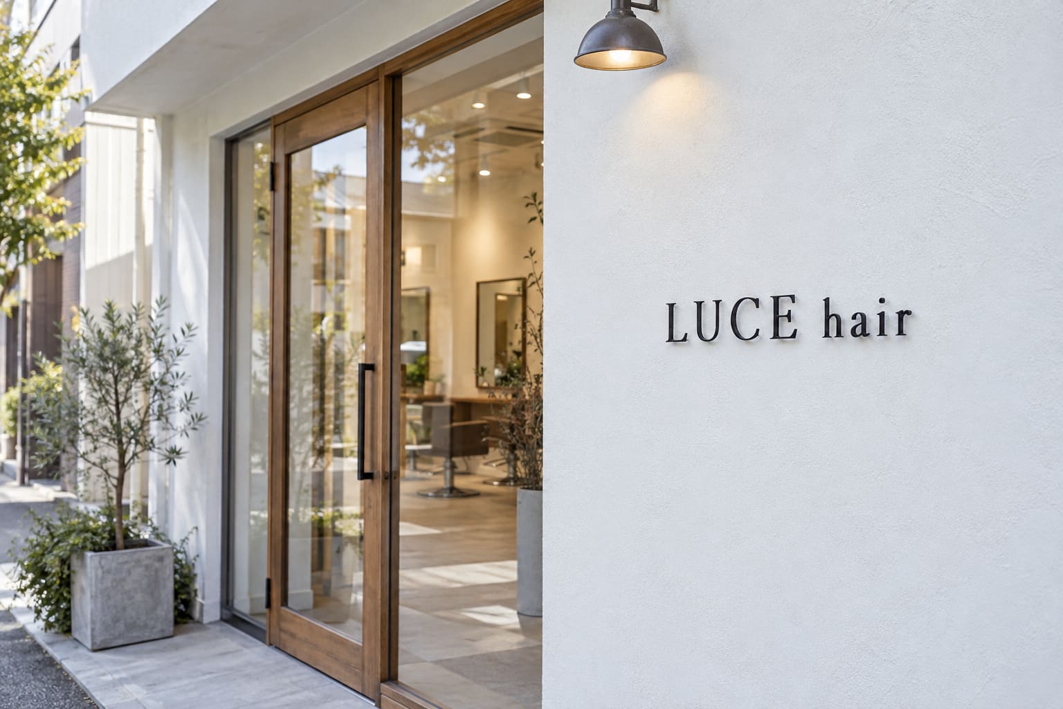 白い外壁の美容室の入口の横に、黒い細い欧文の切り文字で「LUCE hair」と取り付けられ、ガラスの扉がある様子