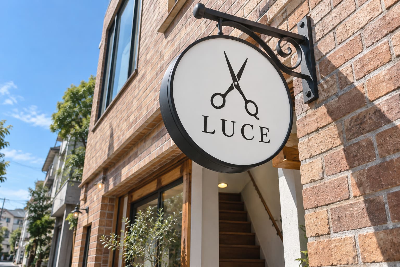 レンガ調の壁から黒いアイアンの腕木で突き出した、白地に黒のハサミのロゴと「LUCE」の文字の丸い看板を、歩道から見上げた様子