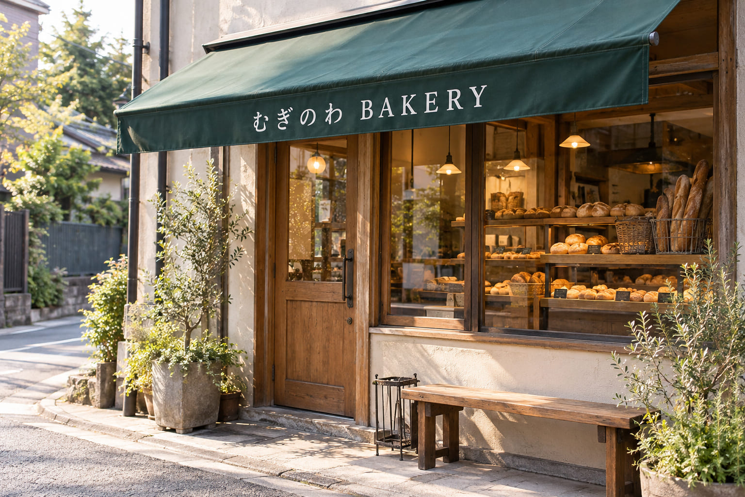 深緑色のテントに白い文字で「むぎのわ BAKERY」と入ったパン屋の外観。木の扉とガラス窓、店先にパンの並んだ棚