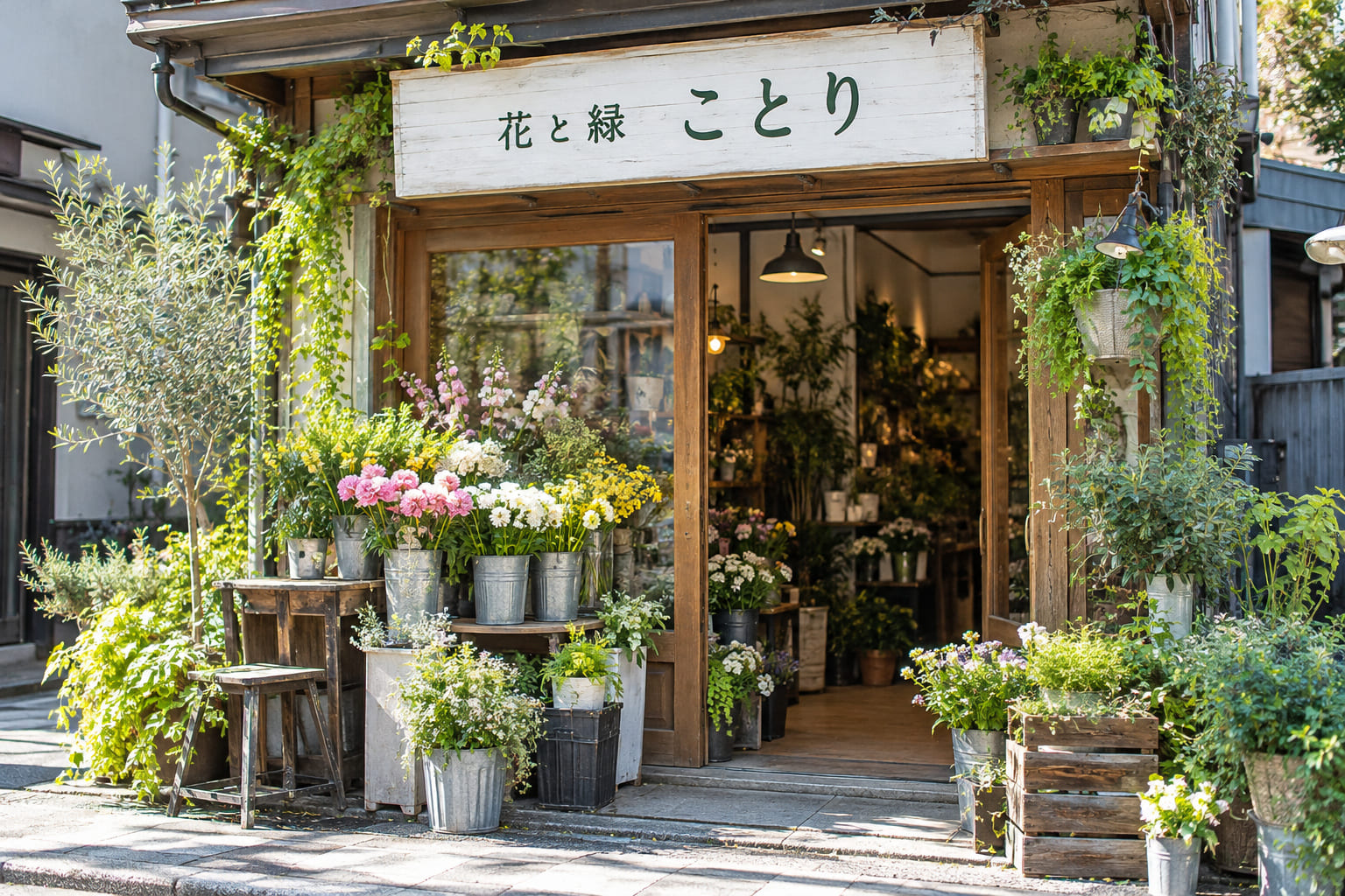 白い木の板に深緑色の文字で「花と緑 ことり」と書かれた看板の周りに、鉢植えの植物と花のバケツが並ぶ花屋の店先