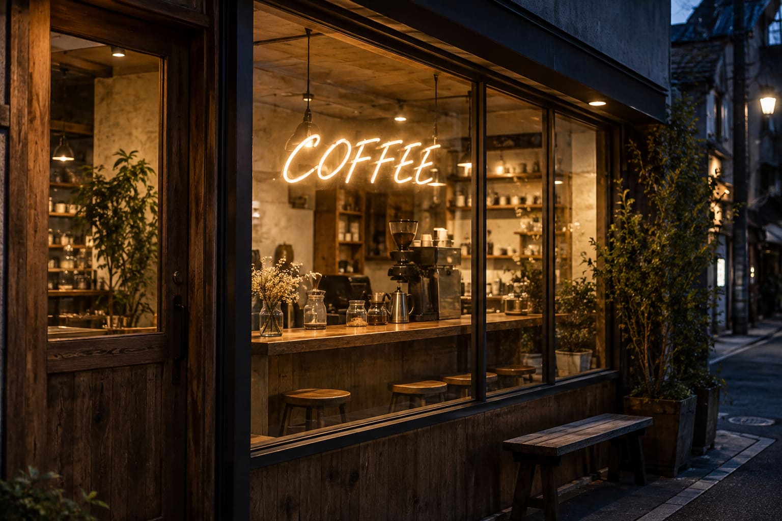 夜のコーヒースタンドの大きなガラス窓の内側に、暖かい白色に光るネオン管風の筆記体で「COFFEE」と書かれたサインが付き、店内の明かりが見える様子