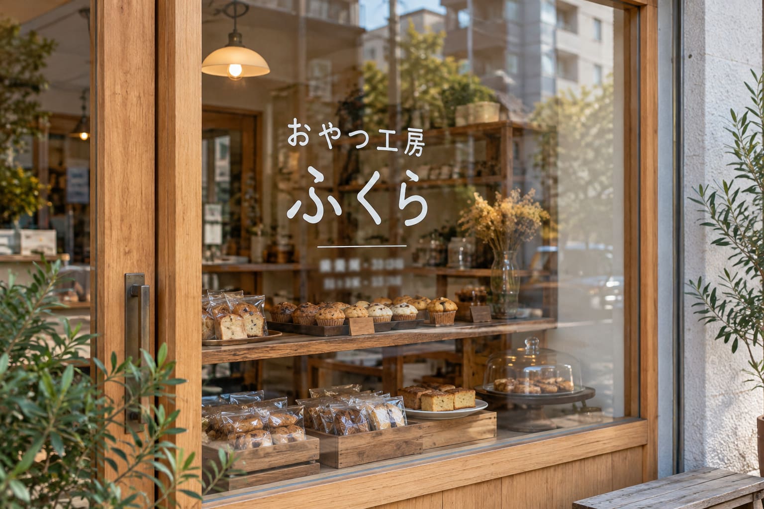 焼き菓子店の大きなガラス窓に、白いカッティングシートの文字で「おやつ工房 ふくら」と営業時間が貼られ、窓の向こうに焼き菓子の棚が見える様子