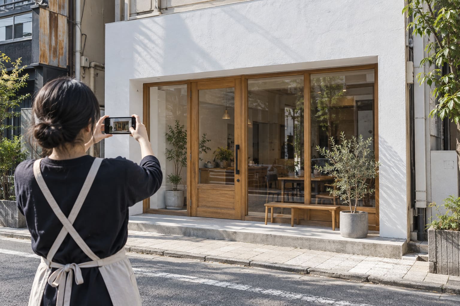 開業前の店舗の前で、店主がスマートフォンで建物の正面を撮影している後ろ姿。まだ看板の付いていない白い壁とガラスの入口が見える