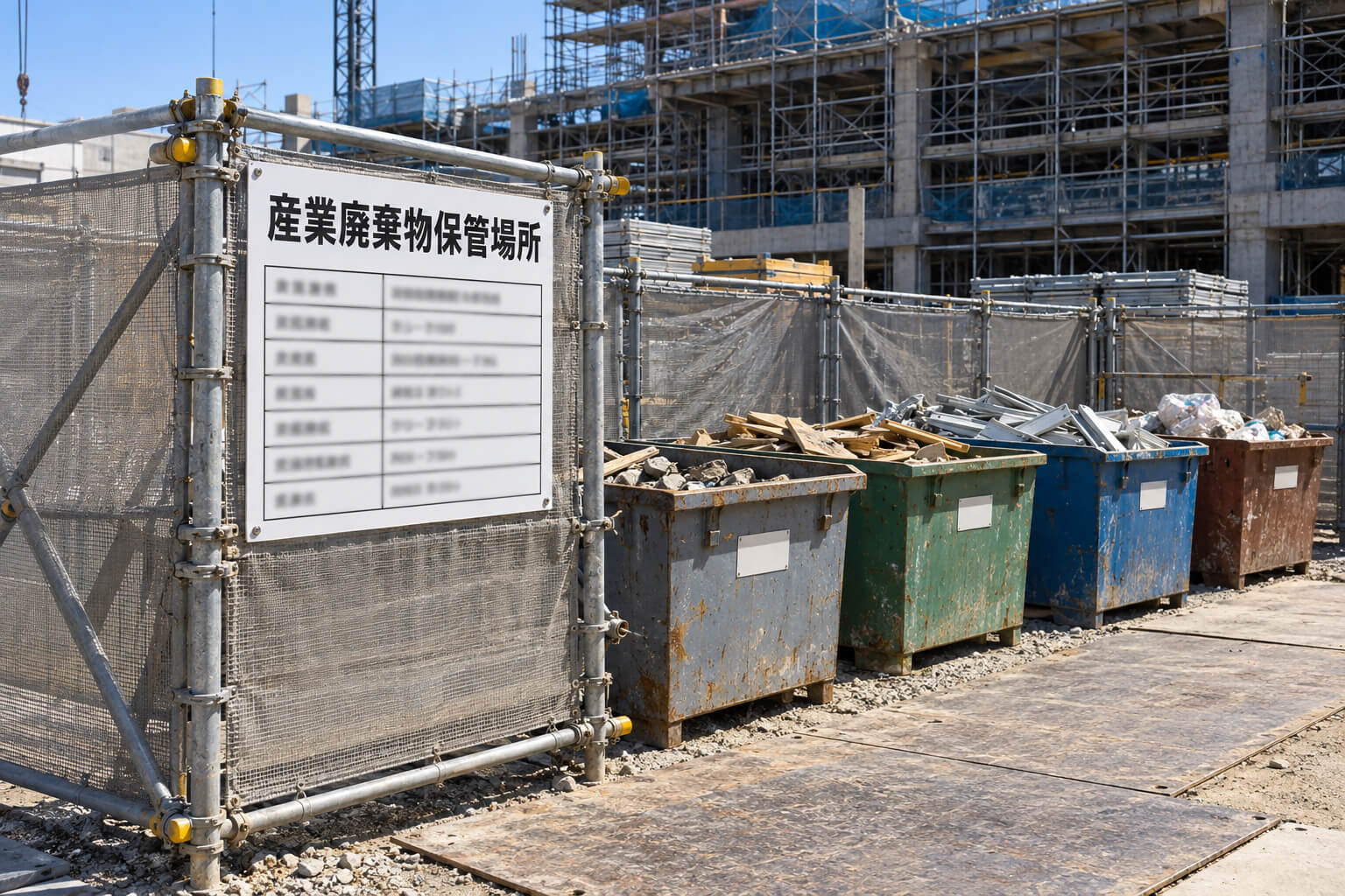 工場の屋外の保管場所で、金網フェンスに取り付けた縦横60cmの産業廃棄物保管場所の掲示板