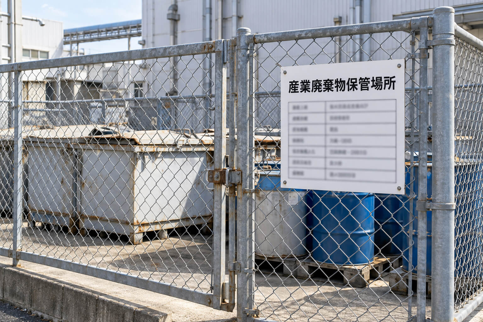 建設現場の一角で、単管で囲った保管場所に分別用の容器が並び、種類の表示と掲示板が付いている様子