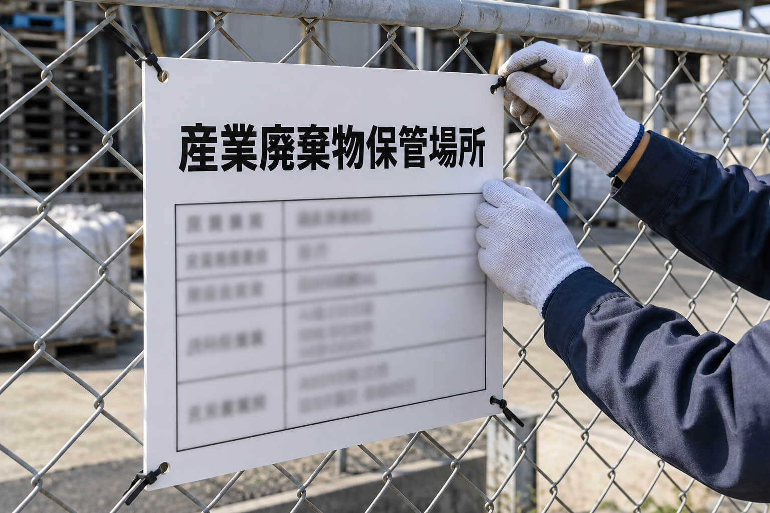 保管場所の金網フェンスに、産業廃棄物保管場所の掲示板を結束バンドで四隅を留めて取り付けている手元