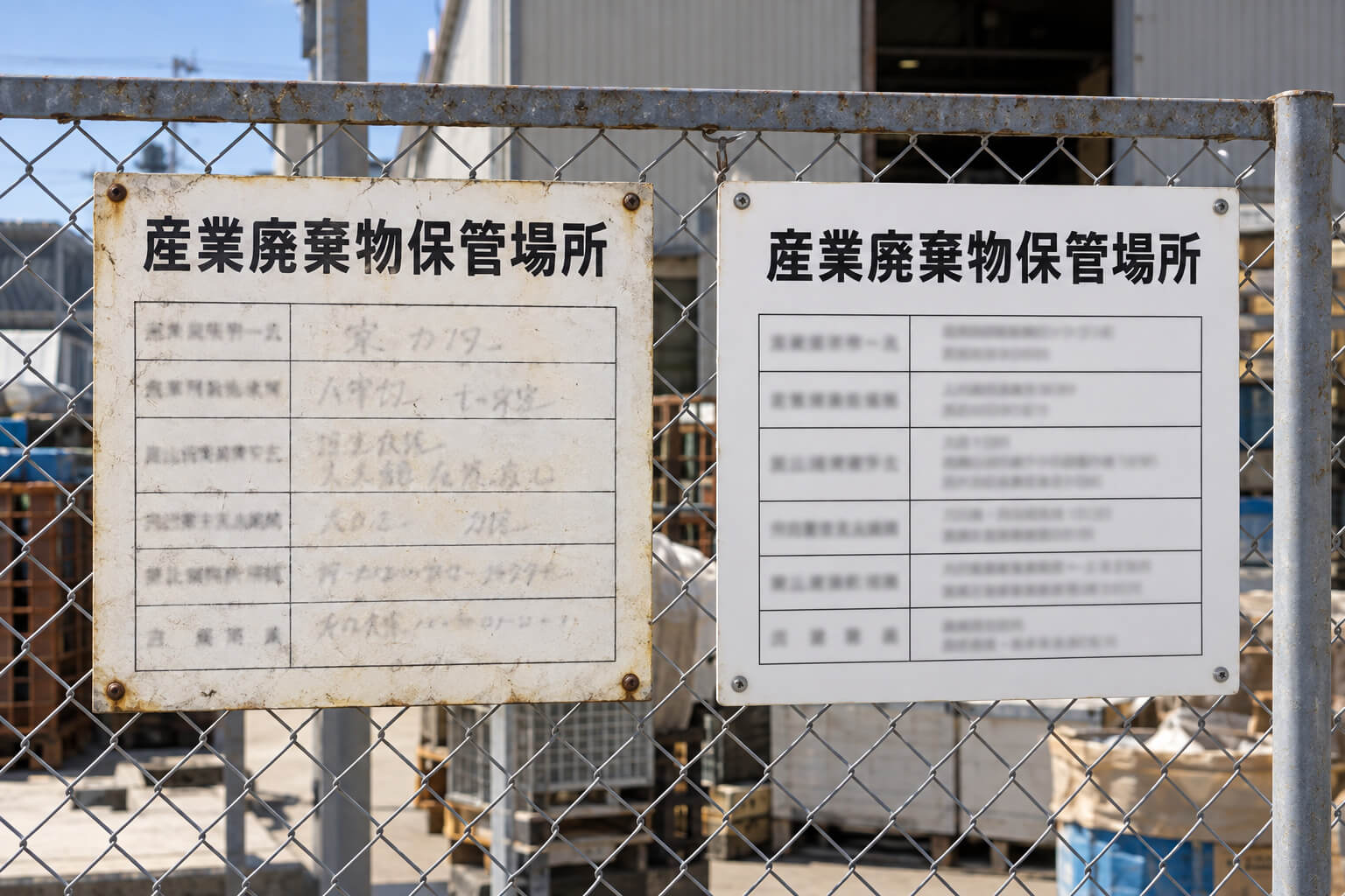 手書きの文字が日焼けで薄くなった掲示板と、会社名や電話番号を印刷した新しい掲示板を並べた様子