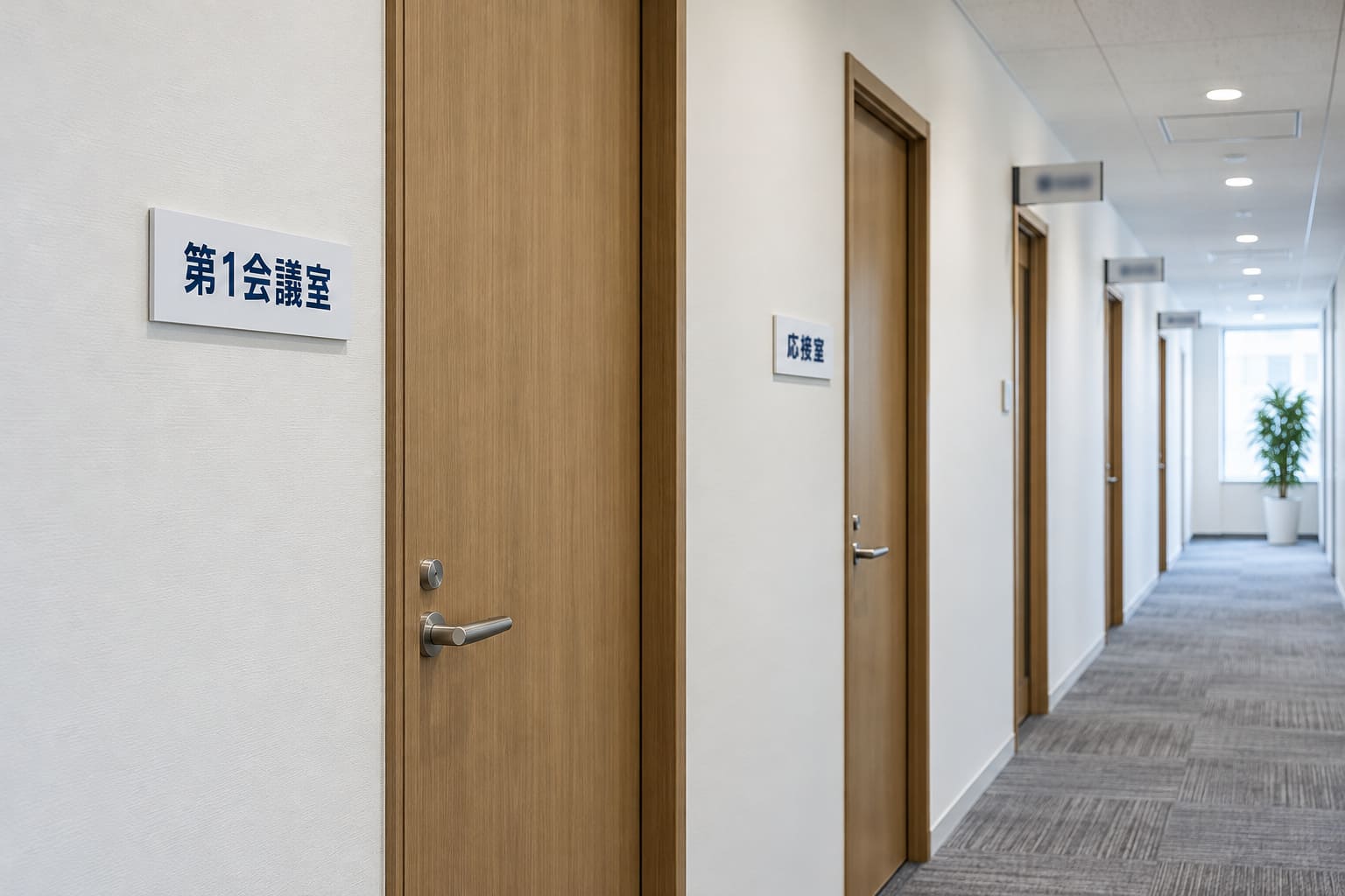 オフィスの廊下で、会議室の扉の横の壁に室名札が付き、廊下の奥には壁から突き出した室名札が並んでいる様子