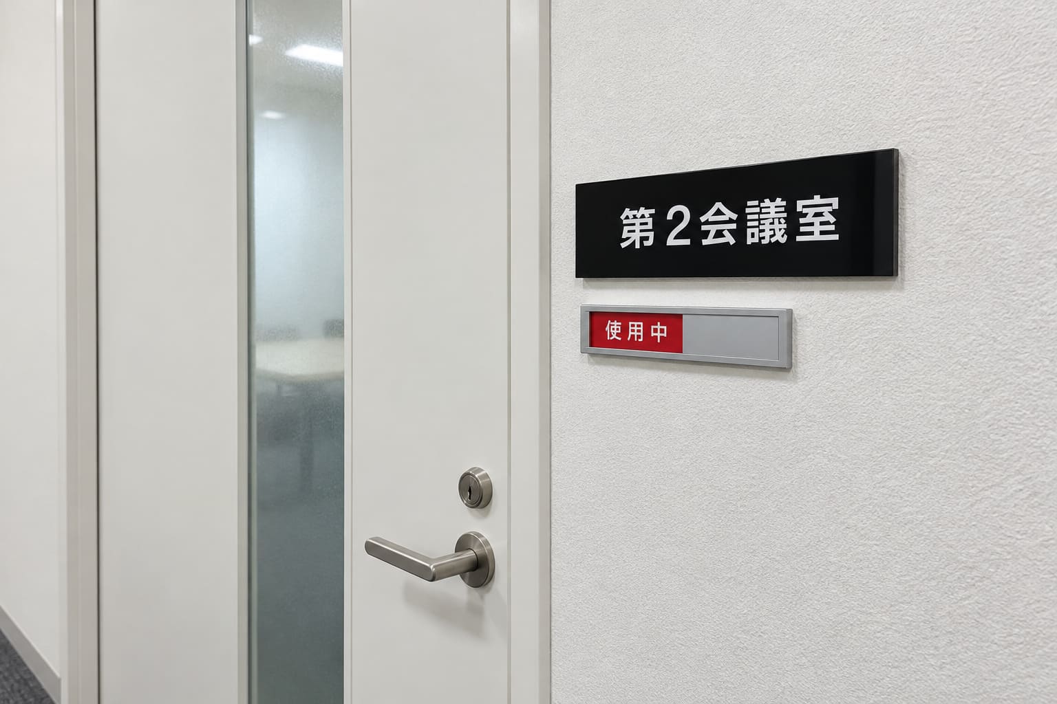 オフィスの会議室の扉の横に、部屋名の室名札と、使用中・空室を切り替えるスライド式の札が並んで付いている様子