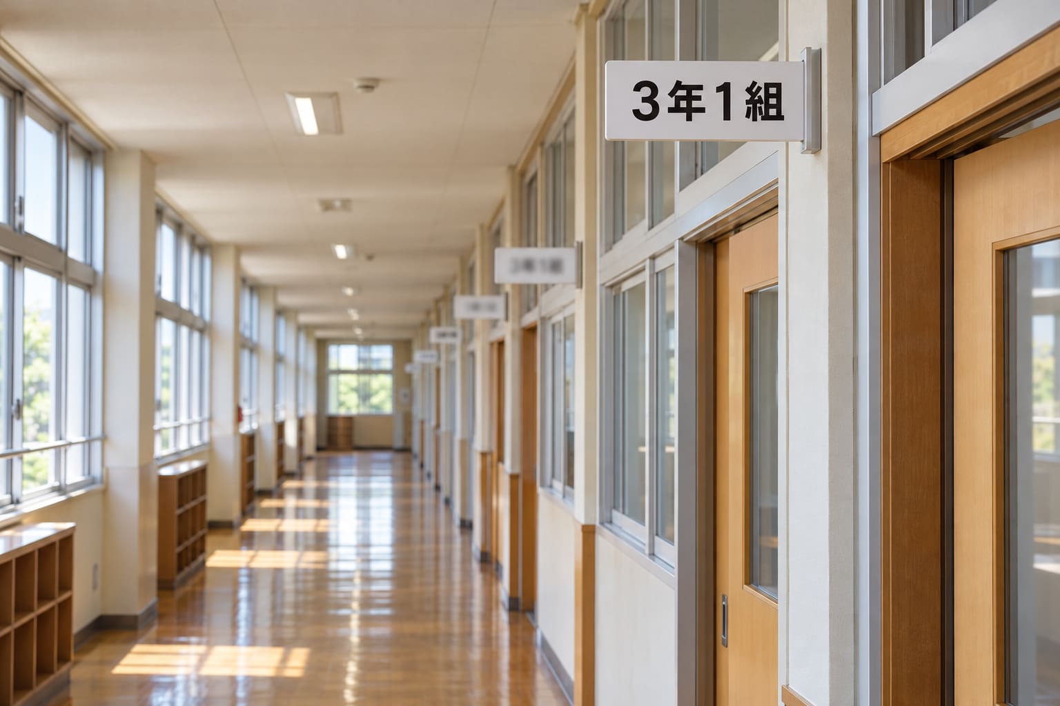 学校の長い廊下で、教室の入口の上に両面表示の突出型の室名札が並び、奥まで続いている様子