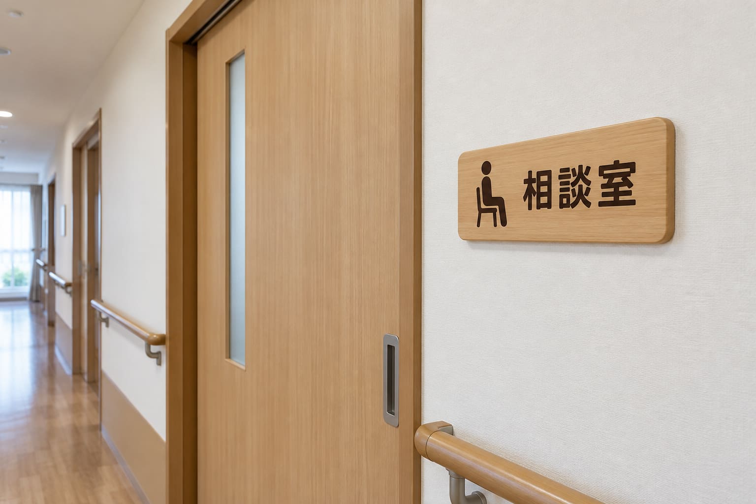介護施設の明るい廊下で、木製の角の丸い室名札が扉の横の低めの位置に付いている様子