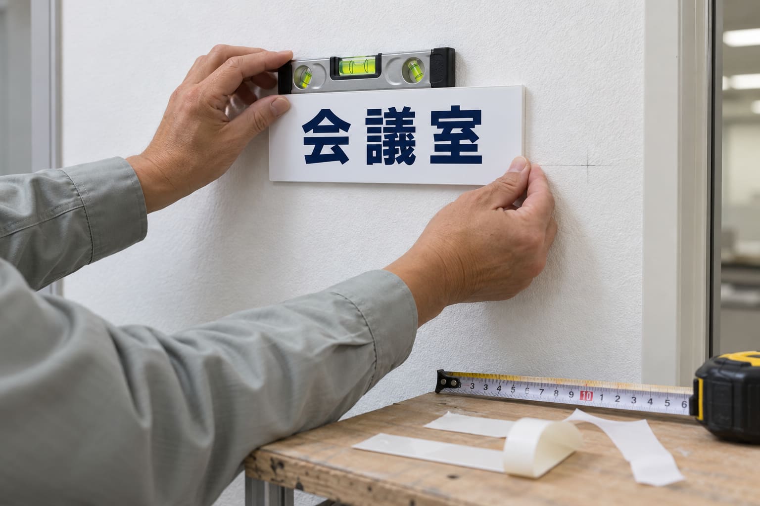 オフィスの壁に室名札を付けている作業者の手元。メジャーで床からの高さを測り、水平器を当てている