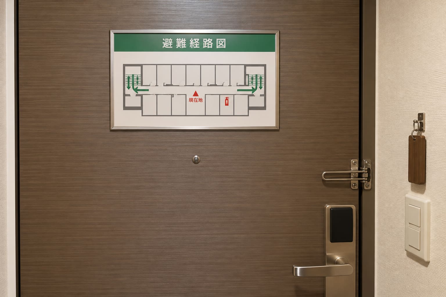ホテルの客室の扉の内側に、緑の矢印で避難経路を示した避難経路図が額に入って貼られている様子