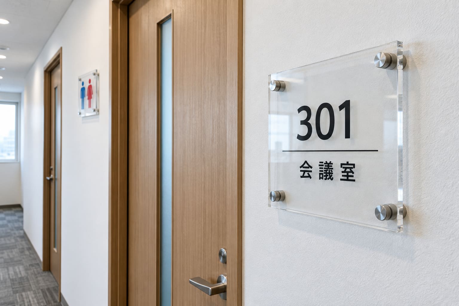オフィスの廊下の扉の横に、部屋番号と会議室名の入ったアクリルの室名札と、トイレのピクトサインが並んでいる様子
