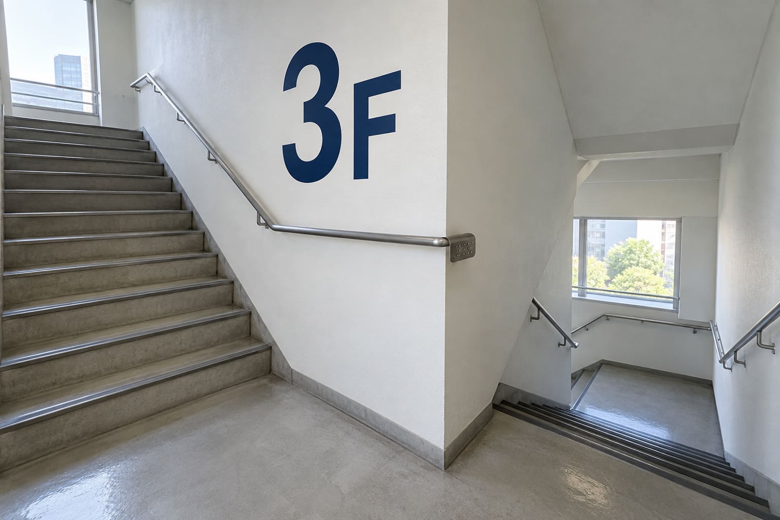ビルの階段の踊り場の壁に、遠くから読める大きな「3F」の階数表示が付いている様子