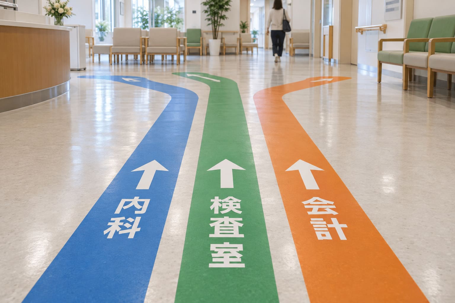 病院の待合ロビーの床に、色分けされた誘導の線と矢印のシートが貼られている様子