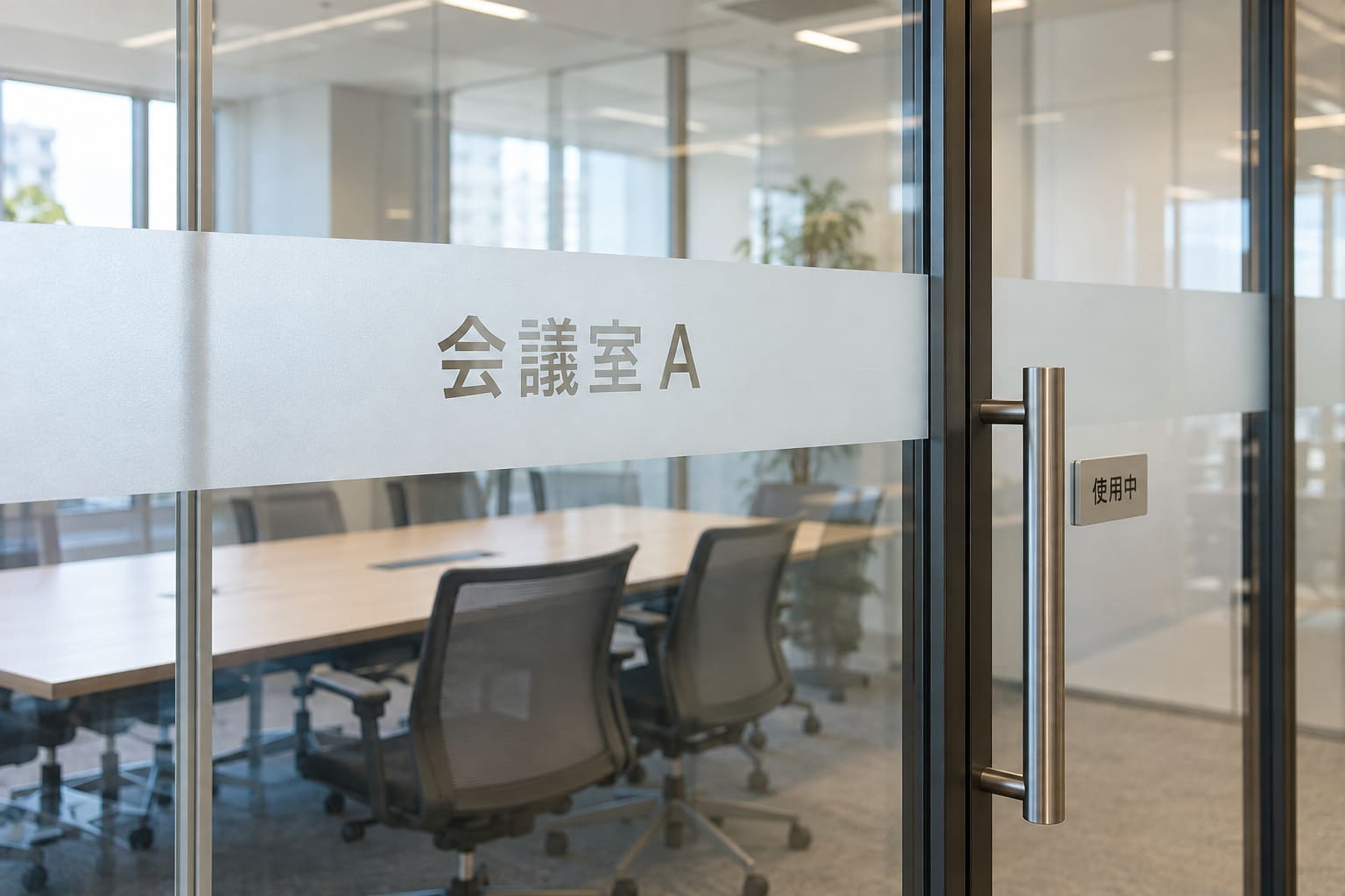 オフィスの会議室のガラスの仕切りに、すりガラス調のシートの帯と部屋名の文字が貼られている様子