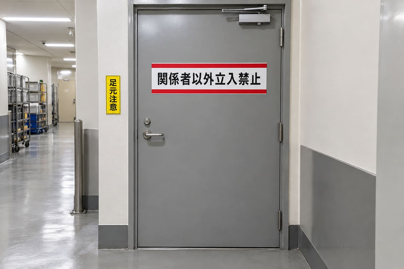 商業施設のバックヤードの扉に「関係者以外立入禁止」のプレートが付いている様子