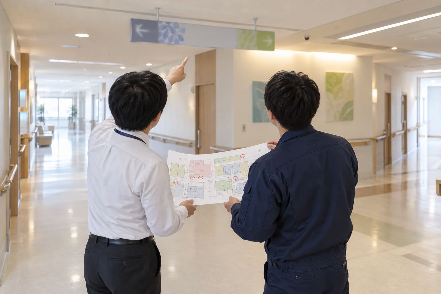 病院の明るい廊下で、施設の担当者とサイン会社の担当者が平面図を広げ、分かれ道のサインの位置を指さして確かめている様子