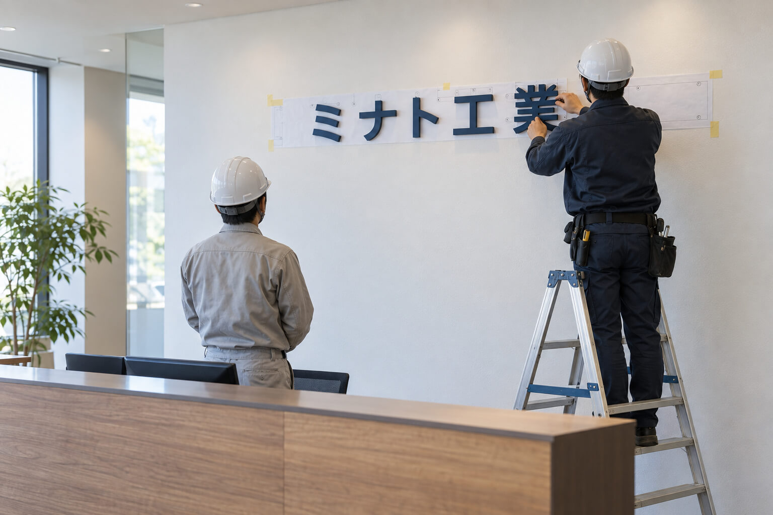 オフィスの受付カウンターの後ろの壁に、作業員がステンレスの切り文字のロゴを取り付けている様子
