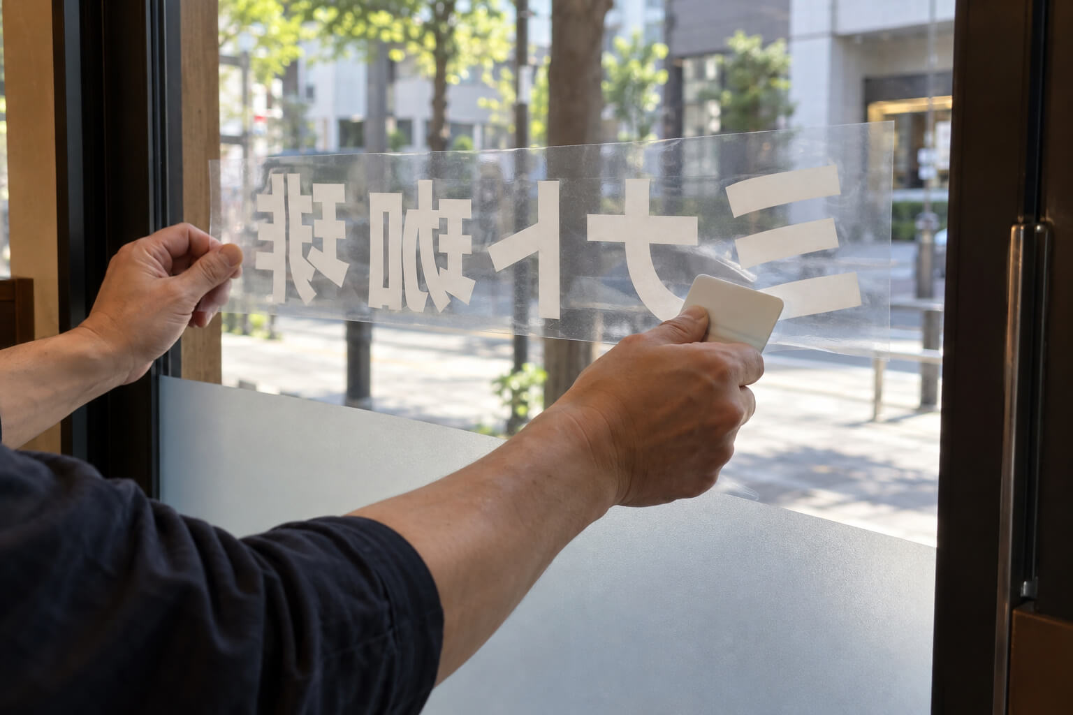 店舗の入口のガラスに、作業員が内側からウィンドウサインのシートを貼っている様子