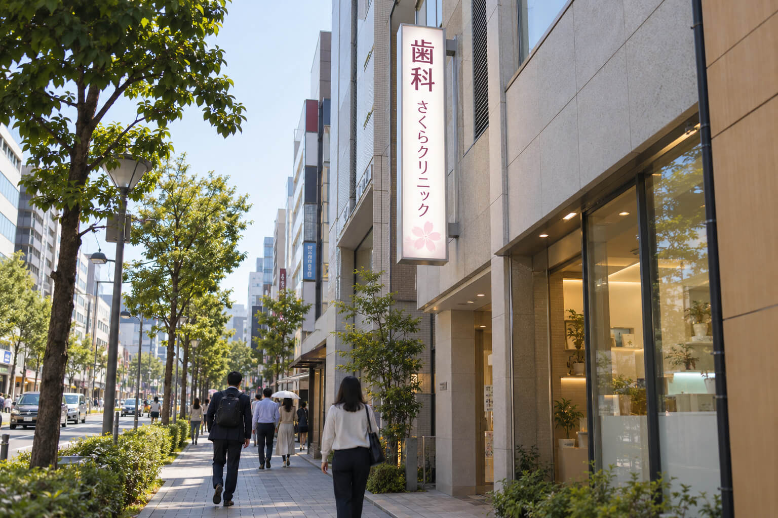 歩道の上に突き出したLED内照式の縦長袖看板の下を、通行人が歩いている様子
