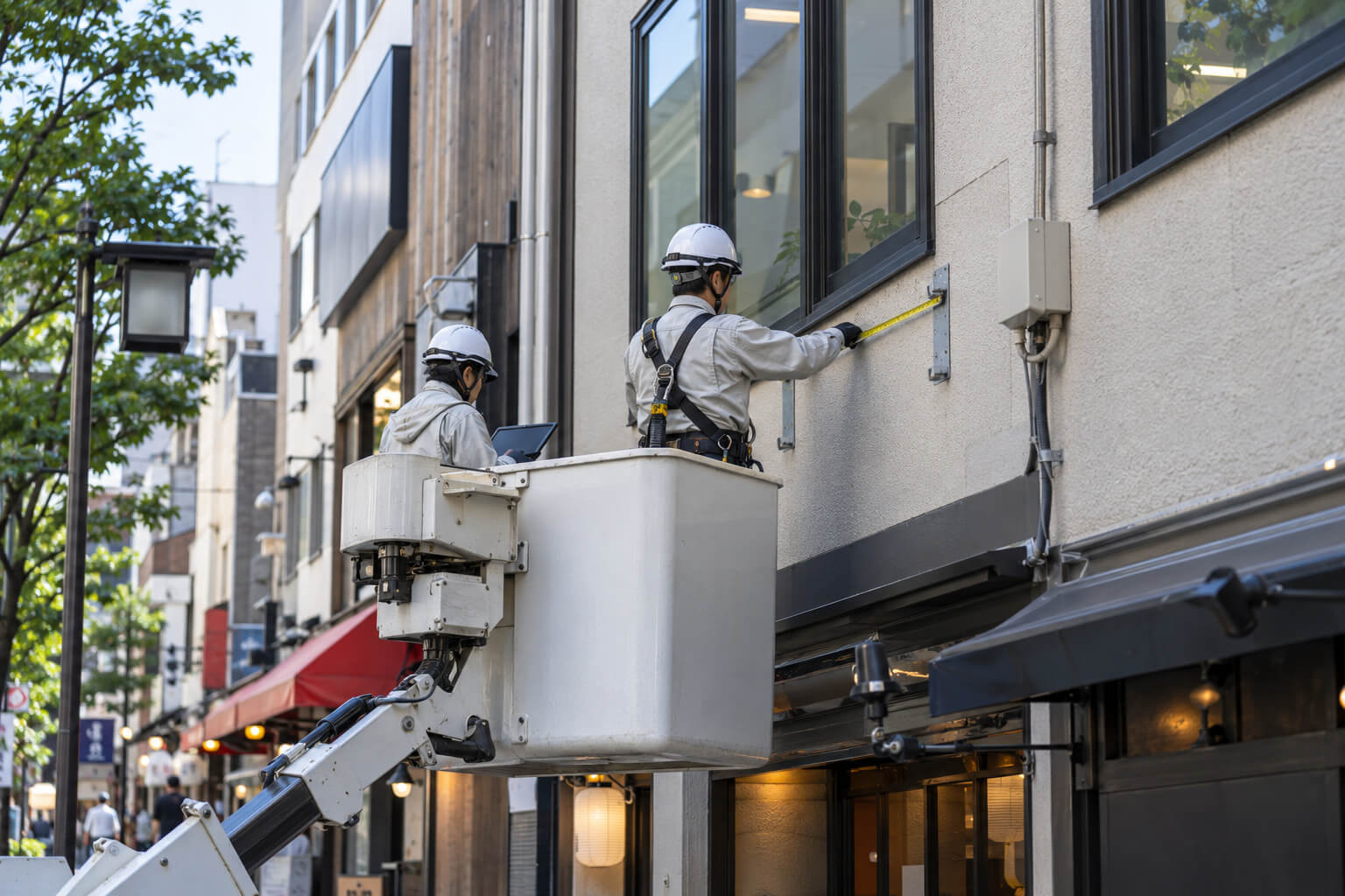 現地調査で、職人がビルの外壁の下地と電源の位置を確認しながら袖看板の取り付け位置を測っている様子