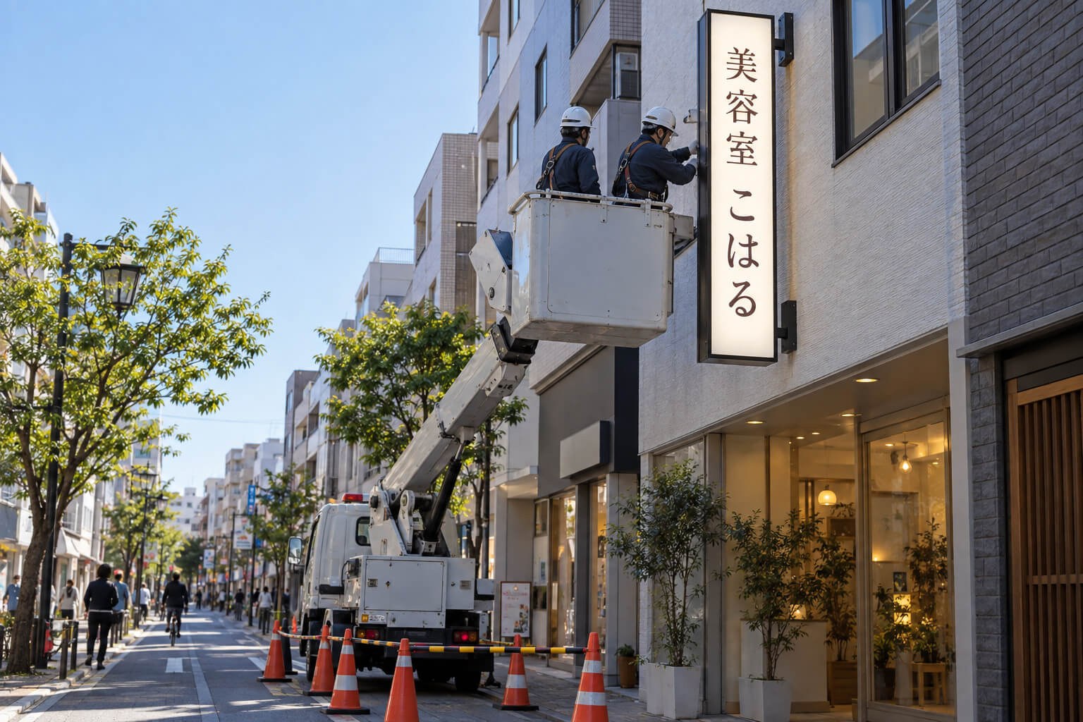 高所作業車に乗った職人2名が、ビル2階の外壁に新しいLED袖看板を取り付けている様子
