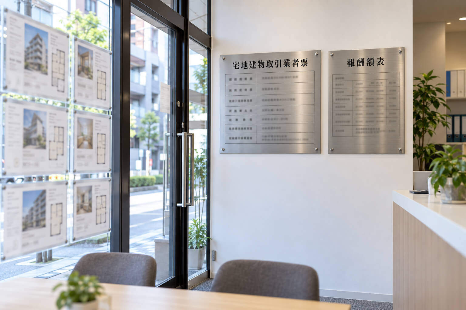 不動産会社の店舗の入口横の壁に、宅地建物取引業者票と報酬額表が並んで掲げられている様子