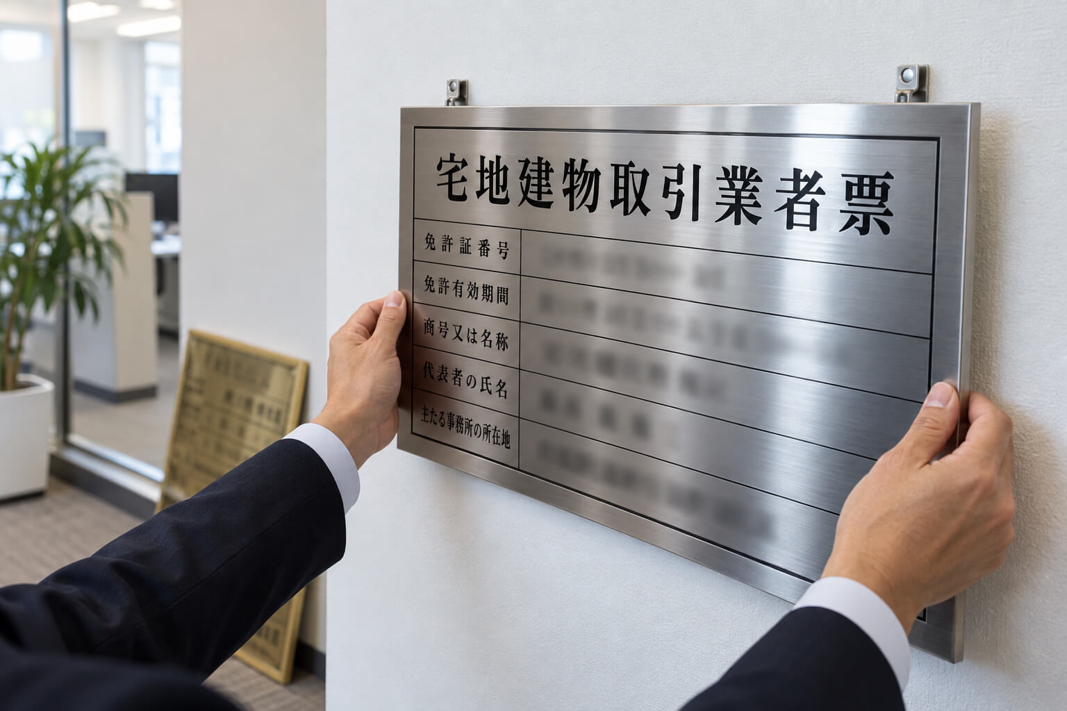 不動産会社の事務所で、壁に掛けた宅地建物取引業者票を新しいものに掛け替えている手元