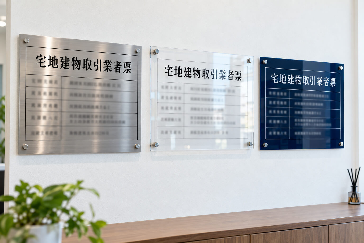 ステンレス調、透明アクリル、ネイビーのアクリルで作った宅地建物取引業者票を、壁に並べて比べた様子