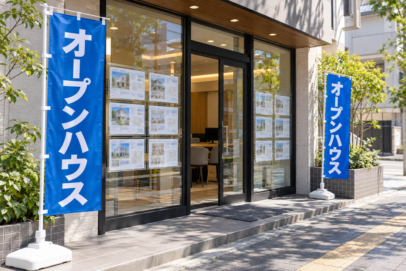不動産会社の店頭に立てた、オープンハウスののぼり旗と、物件の案内を貼った窓のシート