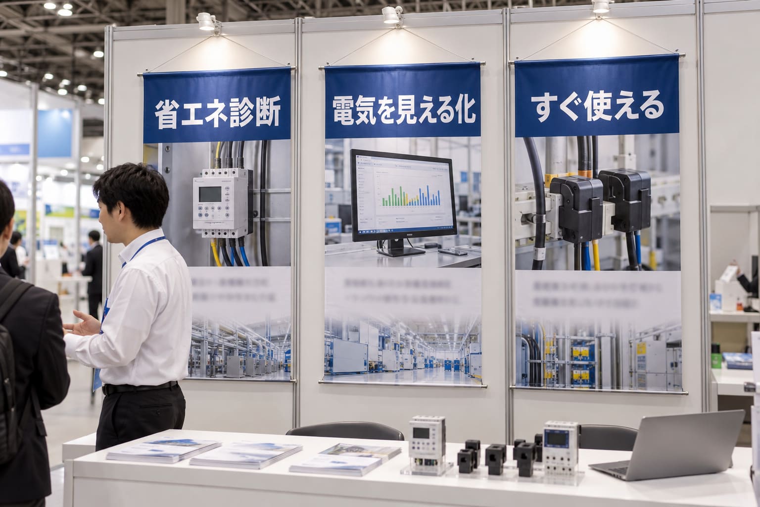 展示会場の通路から見た、同じデザインでそろえた縦長のタペストリーが壁に並ぶブース