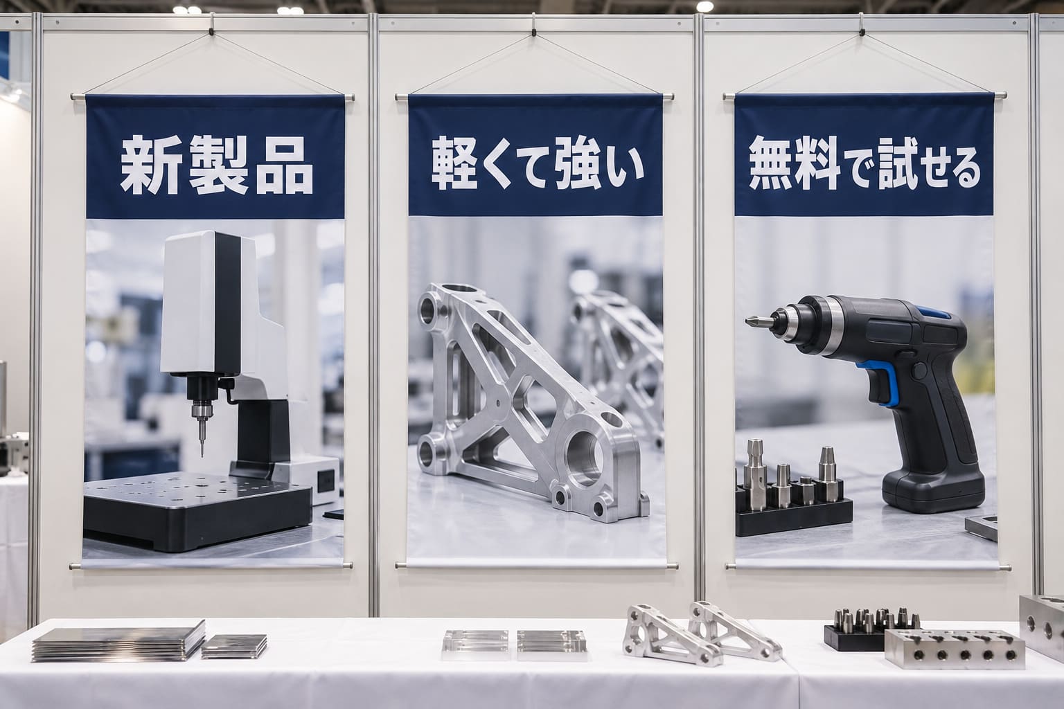 展示会の小間の白い壁に、同じ紺色のデザインでそろえた縦長のタペストリーが3枚並んでいる様子