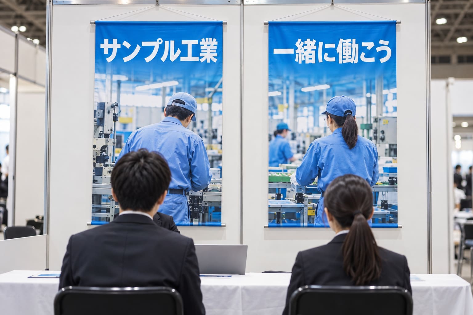 長机の後ろに、社名と働く人の後ろ姿の写真を入れたタペストリーが2枚掛かった、合同企業説明会のブース