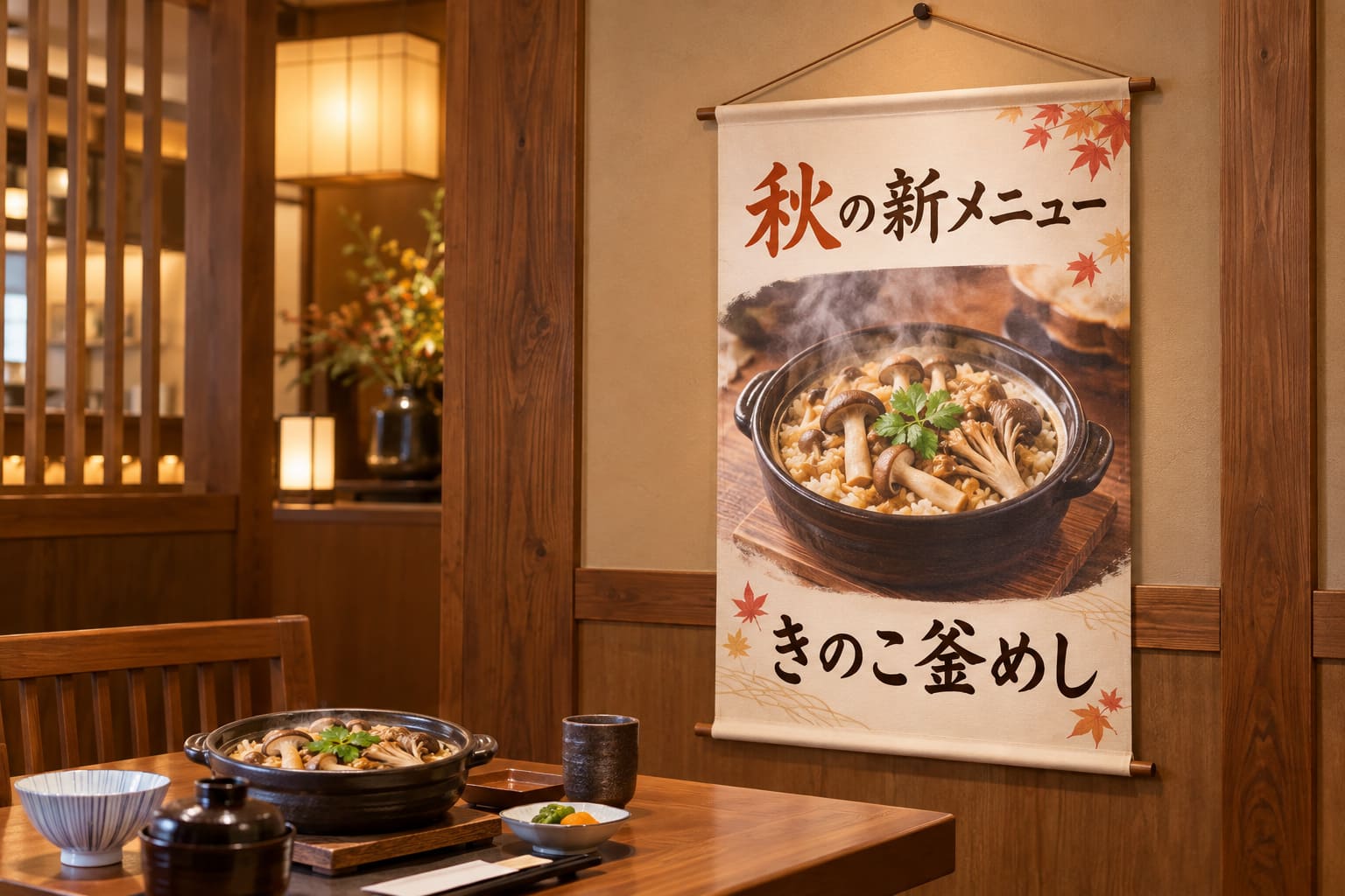 木の壁の飲食店で、料理の写真と短い品名を入れたタペストリーが壁に掛かっている店内