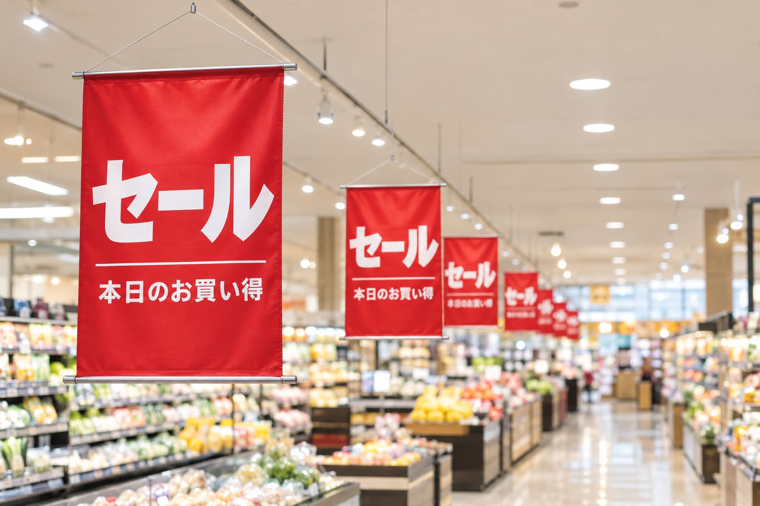 スーパーの売り場の天井から、赤い文字の両面のタペストリーが通路の上に何枚も吊るされている様子