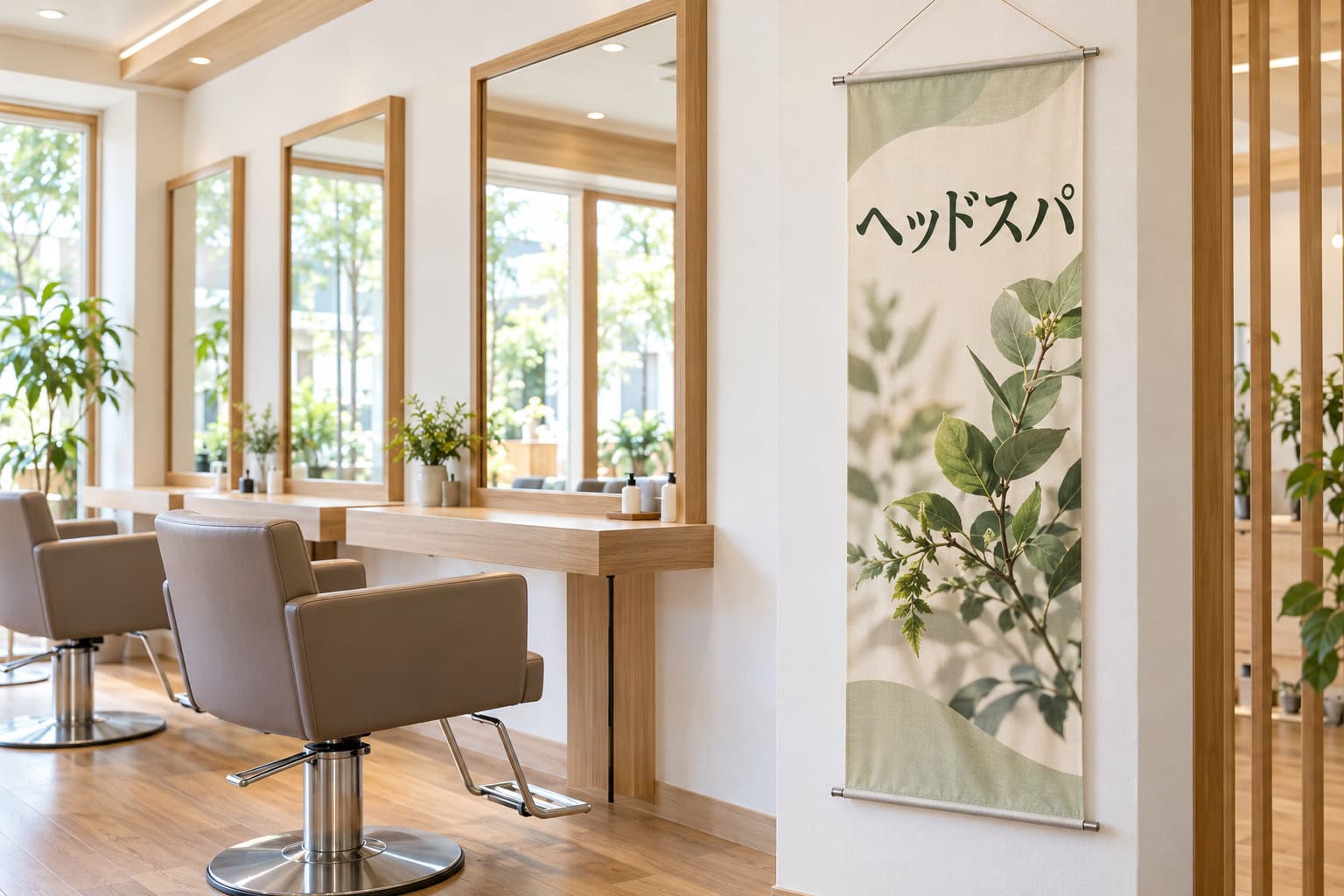 明るい美容室の店内の壁に、余白の多い落ち着いた色のタペストリーが掛かっている様子