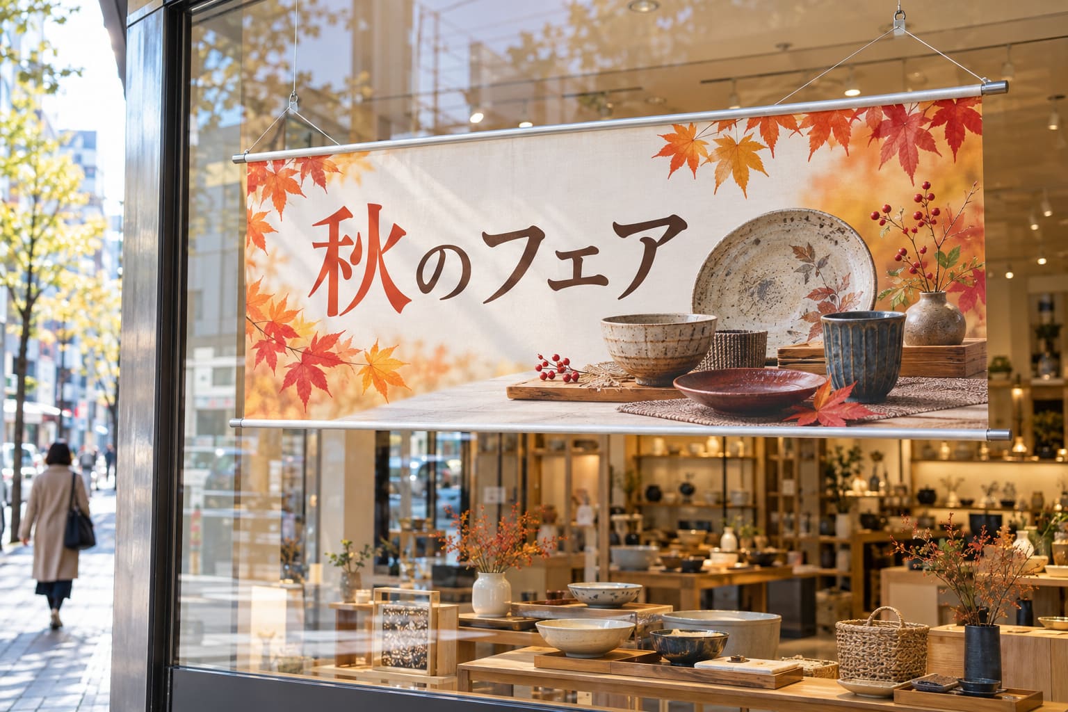 路面店のショーウィンドウの内側に、外に向けて季節のキャンペーンのタペストリーが吊るされている様子を外から見たところ