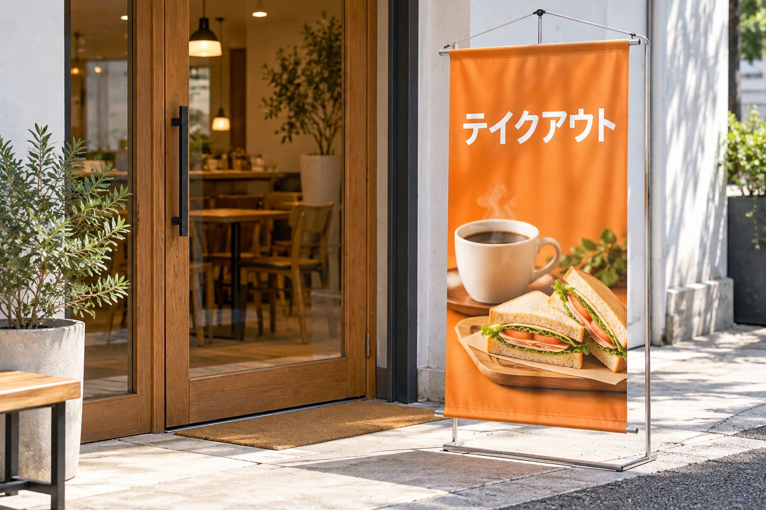店の入口の脇に、スタンドに掛けた「テイクアウト」の文字のタペストリーが立っている様子