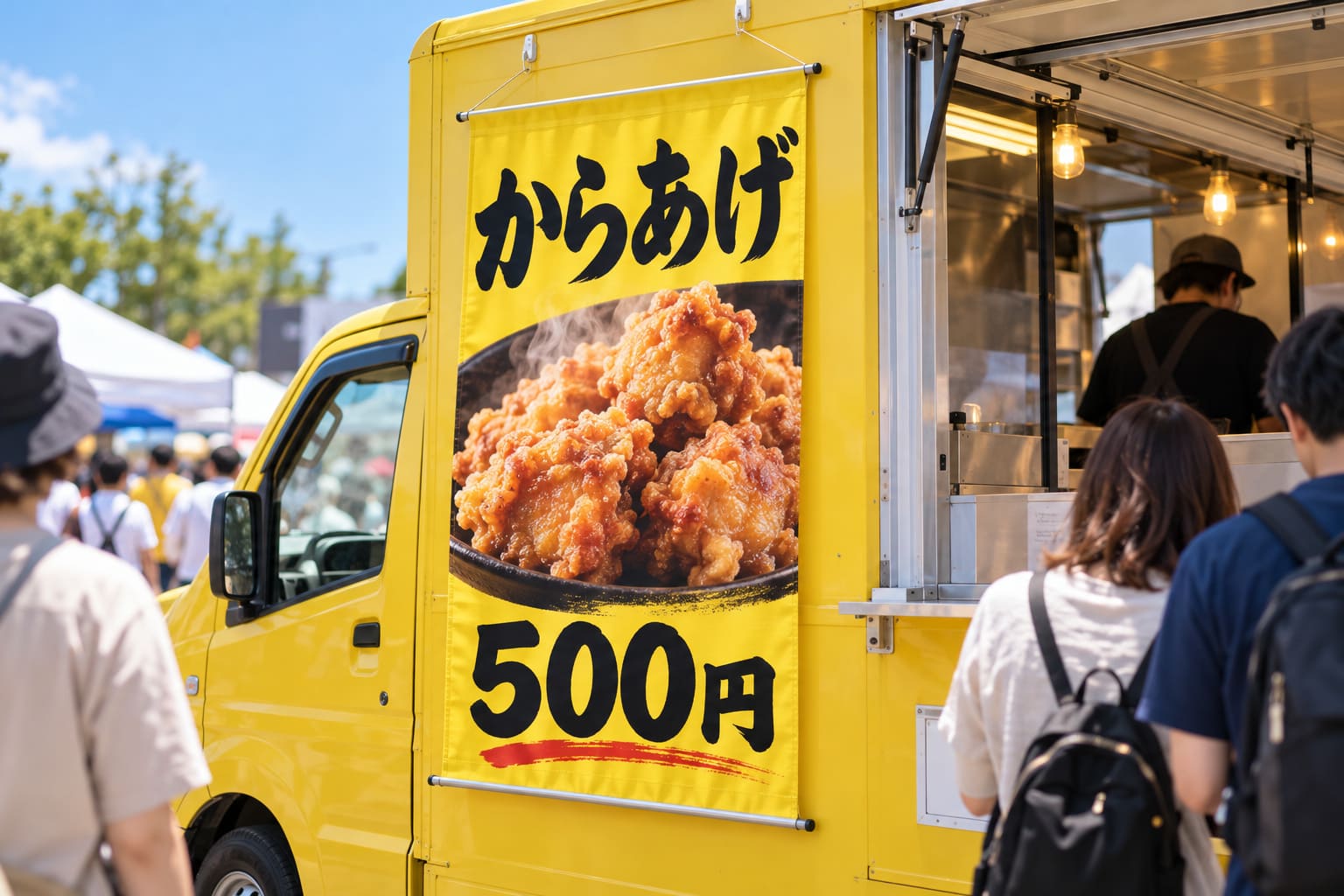 キッチンカーの側面に、料理の写真とメニュー名を大きく入れたタペストリーが掛かっているイベント会場の様子
