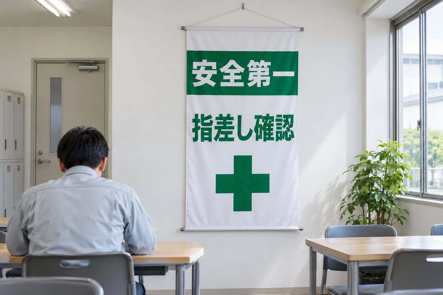 工場の休憩所の壁に、安全のスローガンを大きく入れたタペストリーが掛かっている様子