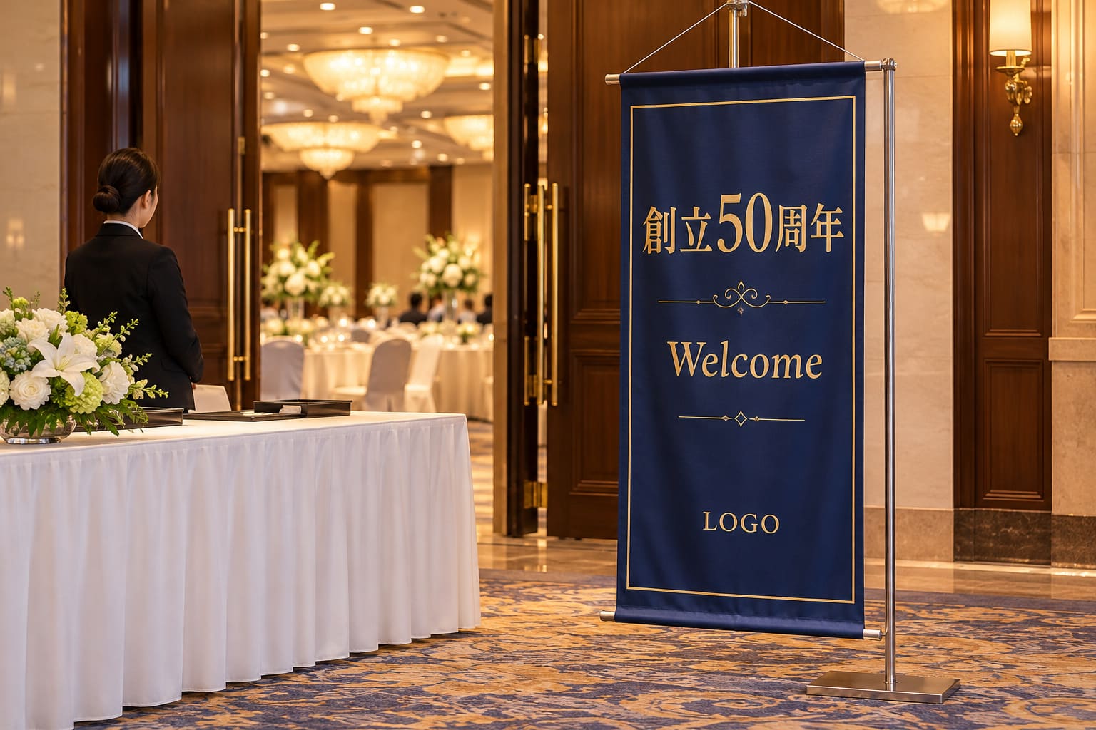 ホテルの宴会場の受付の横に、記念のロゴと「Welcome」の文字を入れたタペストリーがスタンドで立っている様子