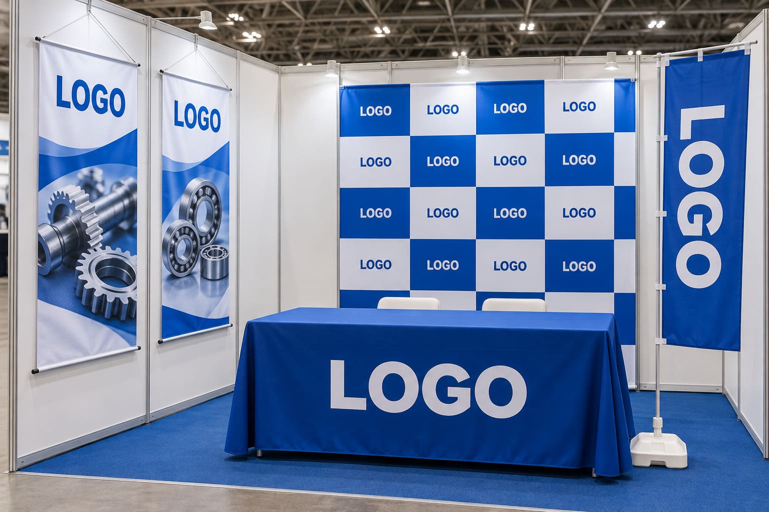 同じ青いデザインでそろえたタペストリー、バックパネル、テーブルクロス、のぼりが並ぶ展示会のブース