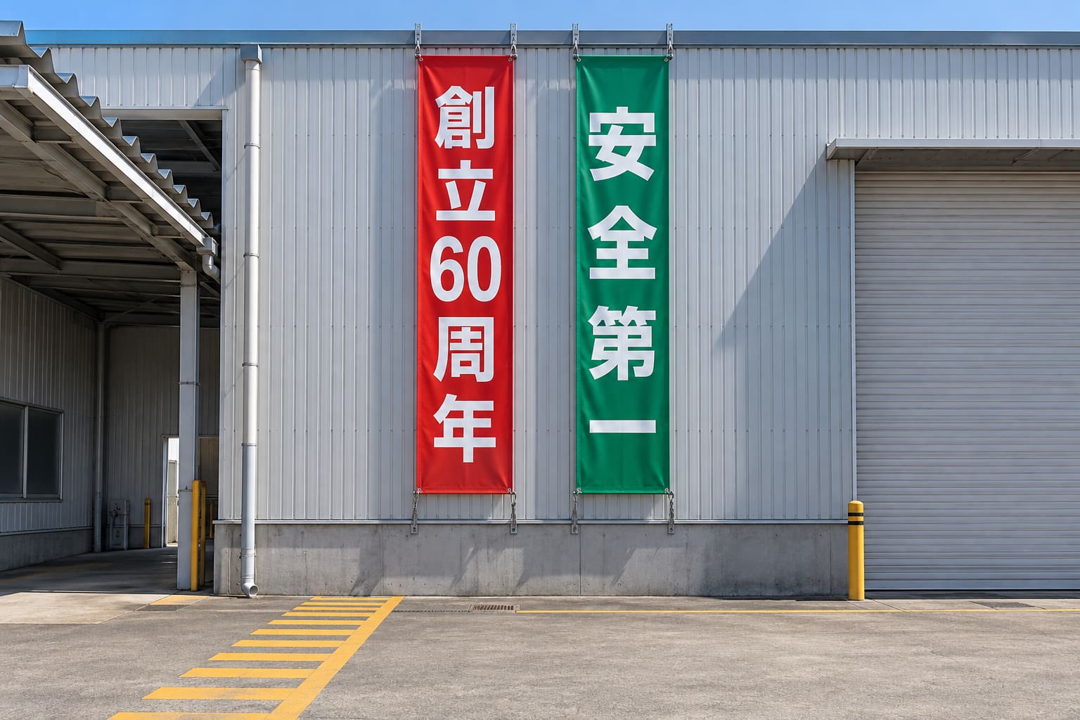 工場の外壁に、「創立60周年」と書かれた赤い垂れ幕と、「安全第一」と書かれた緑の垂れ幕が並んで下がっている様子