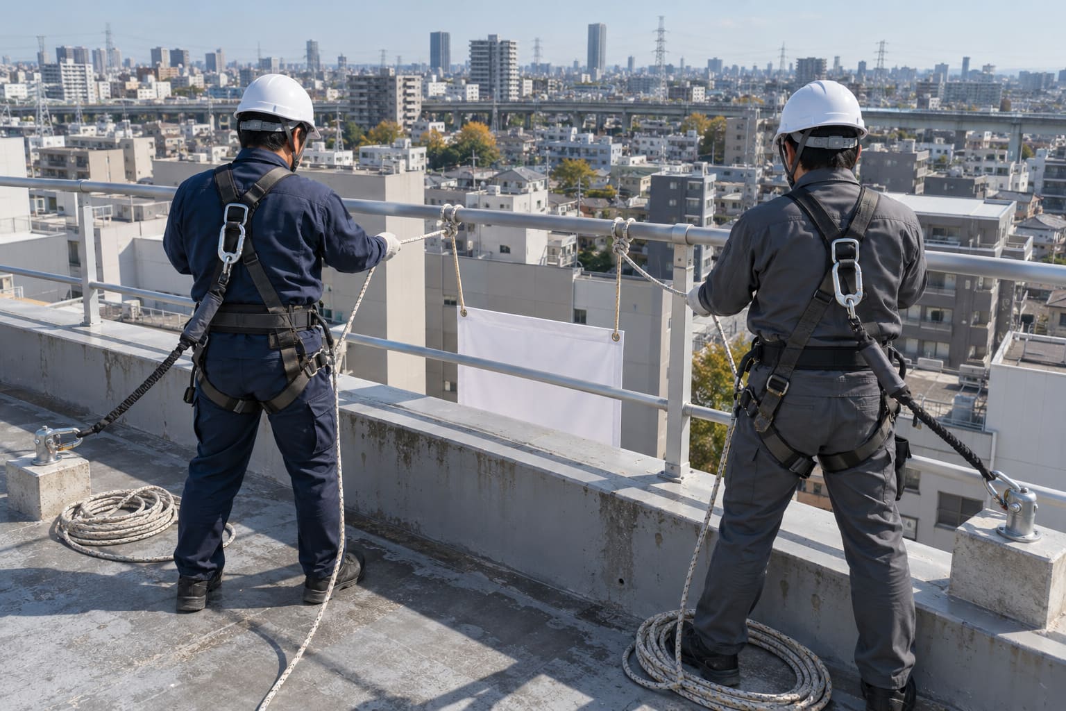 作業着の職人2人が、ビルの屋上の手すりの内側から、ロープで縦長の幕を下ろしている後ろ姿