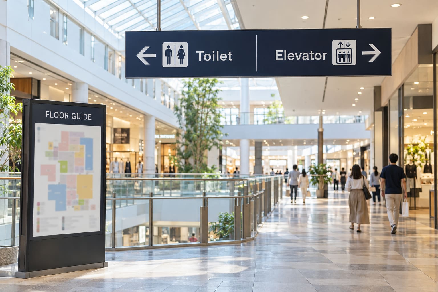 ショッピングモールの吹き抜けの通路。天井から「Toilet」「Elevator」の矢印の吊り下げサインが下がり、通路の脇に館内の案内図の自立したフロアガイドが立っている様子