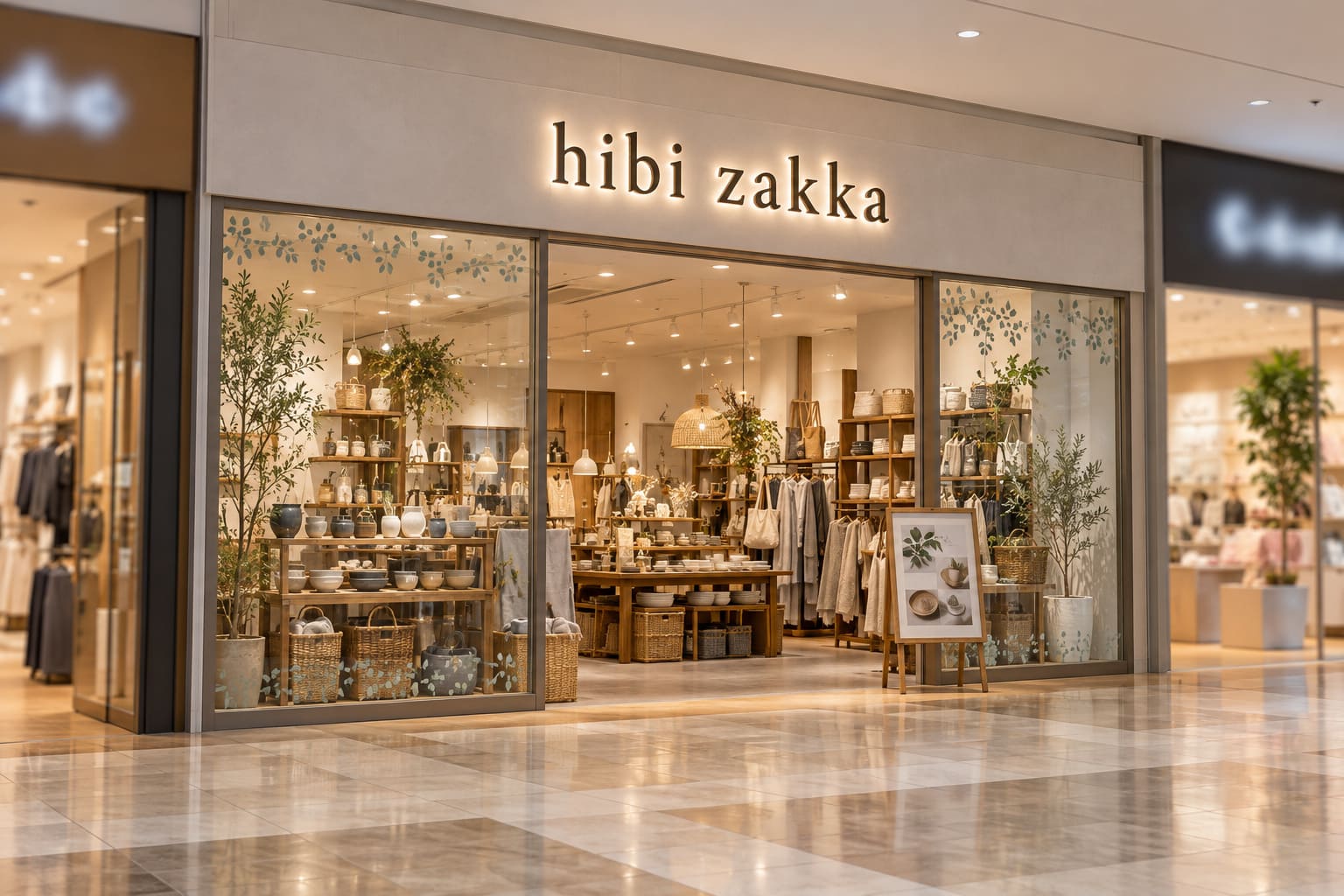 ショッピングモールの通路に面したテナントの入口。区画の正面の上に、光る立体文字で架空の店名が付き、ガラスの店頭に小さな装飾のシートが貼られている様子