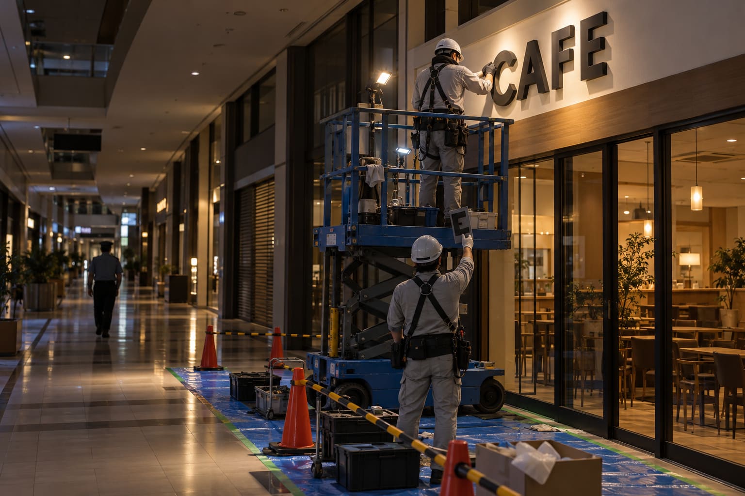 閉館後の商業施設の館内で、作業員が高所作業台に乗ってテナントの店頭サインを取り付け、もう1人が下で養生シートを広げている様子